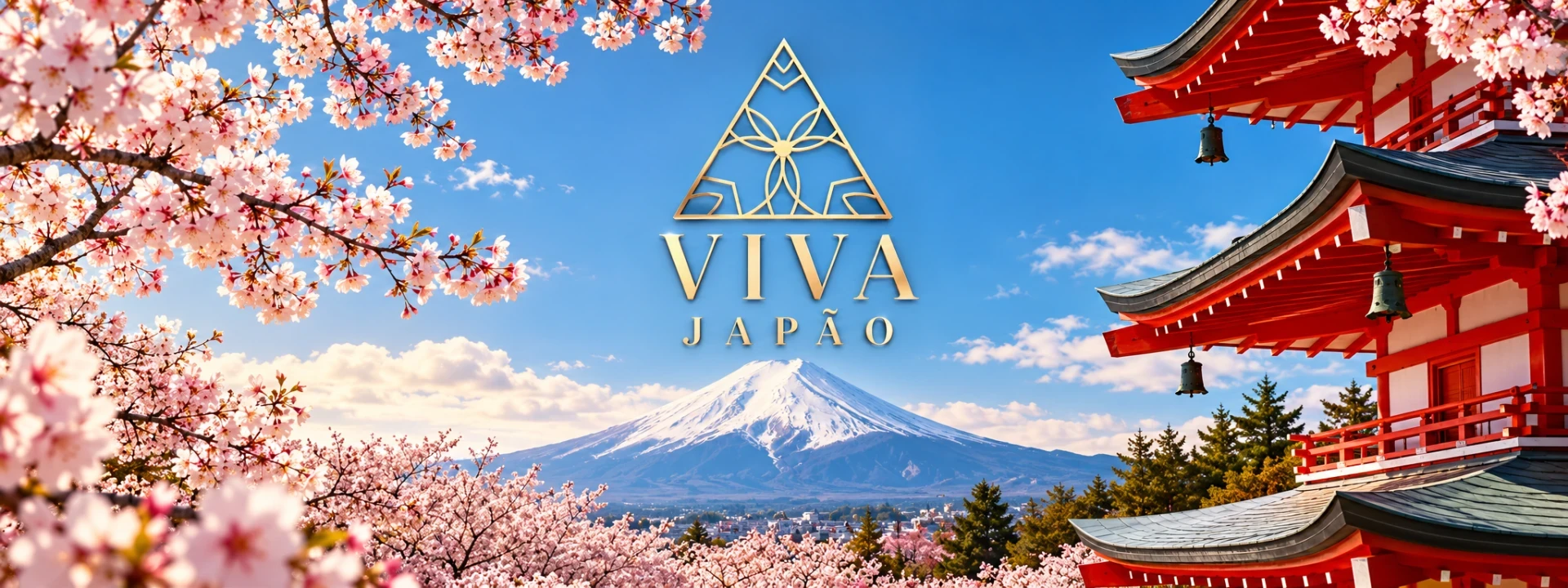 Monte Fuji nevado emoldurado por cerejeiras em flor e um pagode vermelho, com a marca Viva Japão